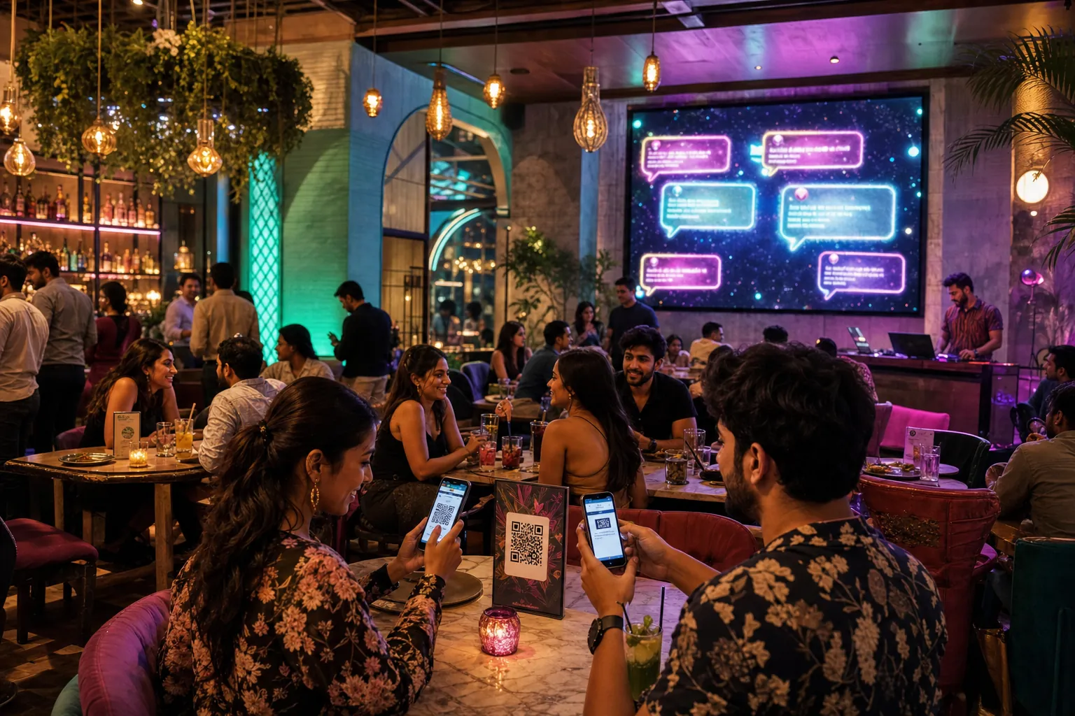 Packed Indian lounge at night where guests scan a table QR code and their shoutouts appear on a giant LED wall